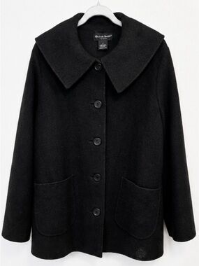 Black Women's Wool Button Jacket with Wide Collar